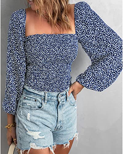 Btfbm Women Casual Long Sleeve Shirts Top 2023 Spring Summer Off Shoulder Tops Square Neck Floral Boho Smocked Blouses(Floral Dark Blue, Small) #TOP1