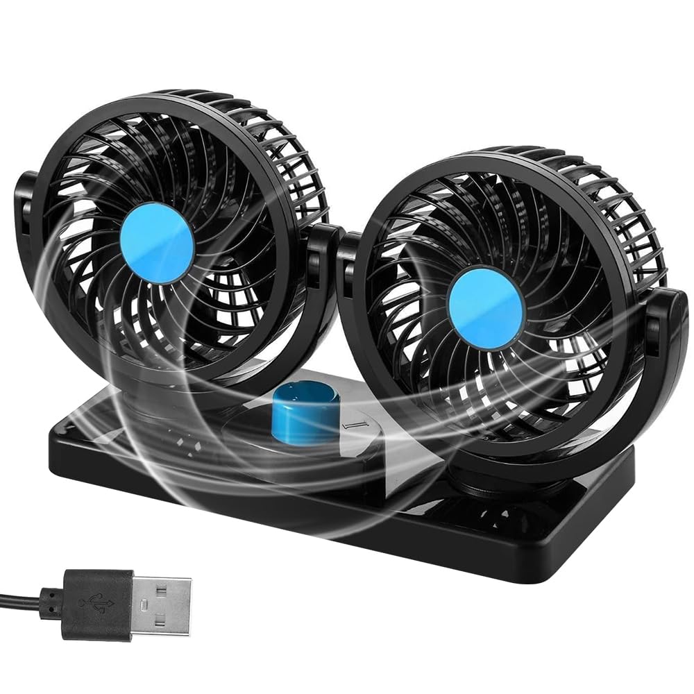 Ventilateur De Voiture, Double Tête USB Ventilateu Portable 360 Degrés Rotatif, Double Tête Ventilateur Avec 2 Niveaux De Vitesse Changer, Ventilateur Voiture Pour Camping-Car, SUV