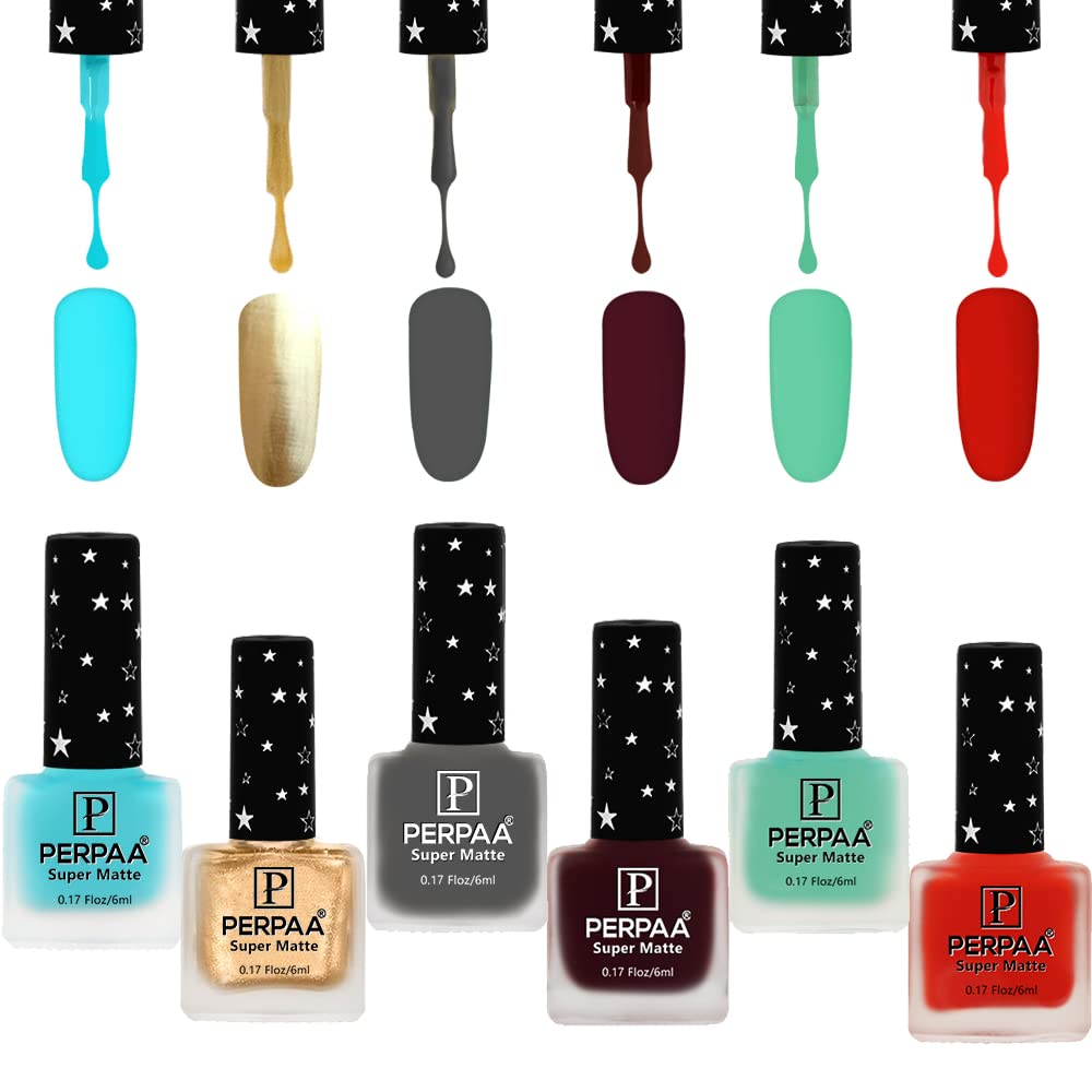 PERPAA® Super Matte Luxury Nail Polish Set of 6 Vibrant Shades 6 ML Each (Mint,Gold,Red,Grey,Sea Green,Maroon)