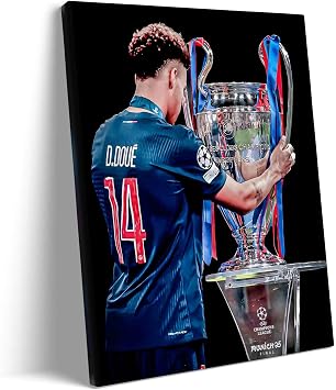 2025 Champions League Final Wall Art, D.Doue Trophy Embrace Print, PSG Football Poster Framed Oil Painting for Soccer-Themed Home Locker Room Bedroom Decor 8x10inch