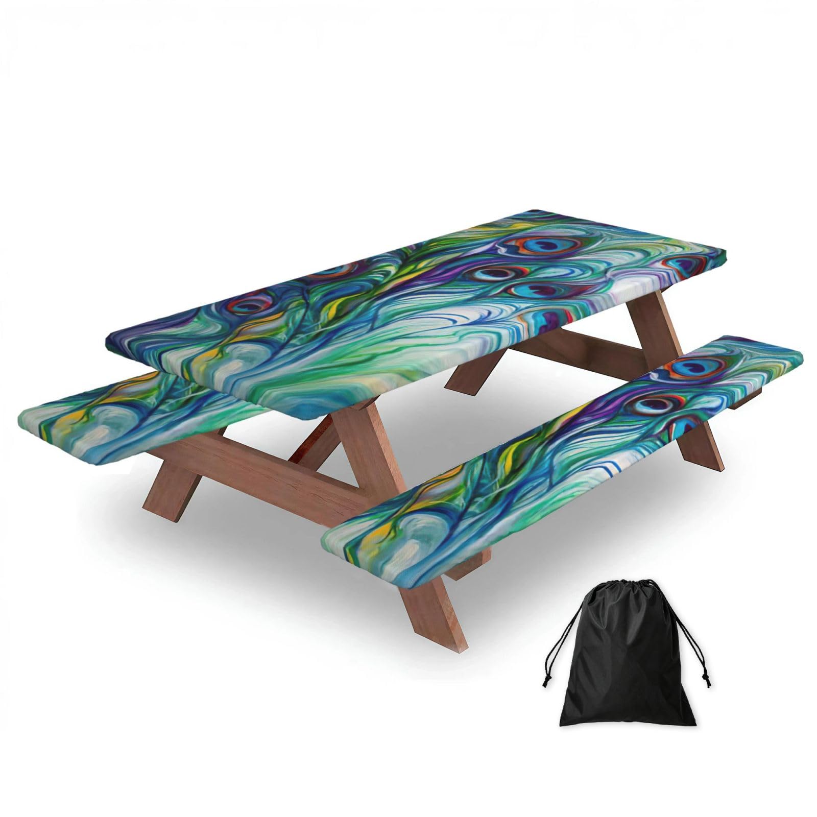 Peacock Feathers Print 3 Pack Wipeable Picnic Bench Cover And Table Cover Lightweight Table Cloth For Camping Outdoor