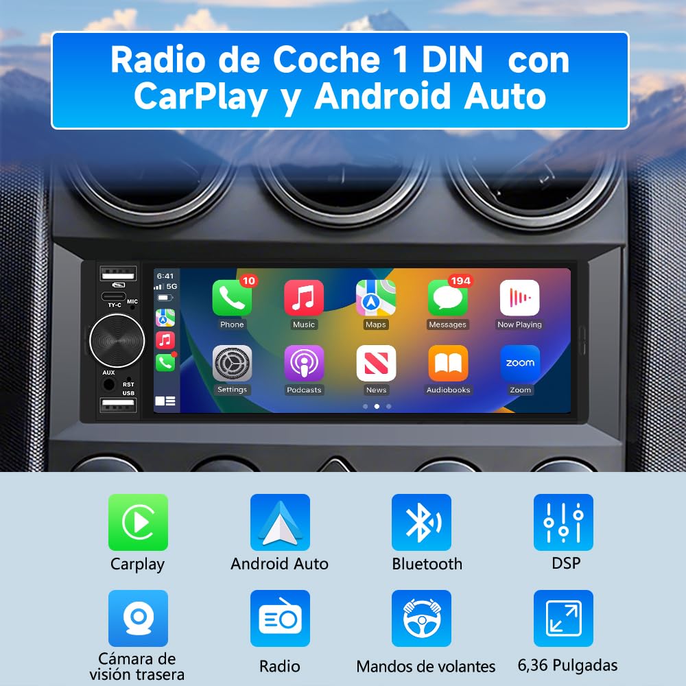AWESAFE 1 DIN Radio Coche Universal con Pantalla Táctil 6.28 Pulgadas, con CarPlay/AndroidAuto, Admite Carga Type-C/2USB/Micrófono/FM/EQ/GPS/Bluetooth/SWC