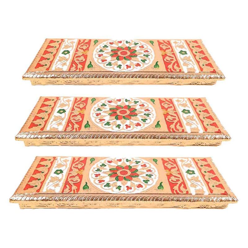 Apka Mart The Online Shop Wooden Minakari Patla Chowki | Puja Chowki Set of 3 (12 Inch, Golden) - Religious Meenakari Choki for Festivals, Puja, Home Decor and Gifts