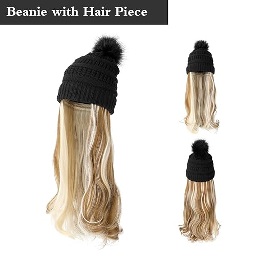 Miniatura 9 de AynnQueen Gorro con cabello unido para mujer, peluca de punto con gorro de punto de invierno a rayas con extensiones de cabello extraíbles de 20