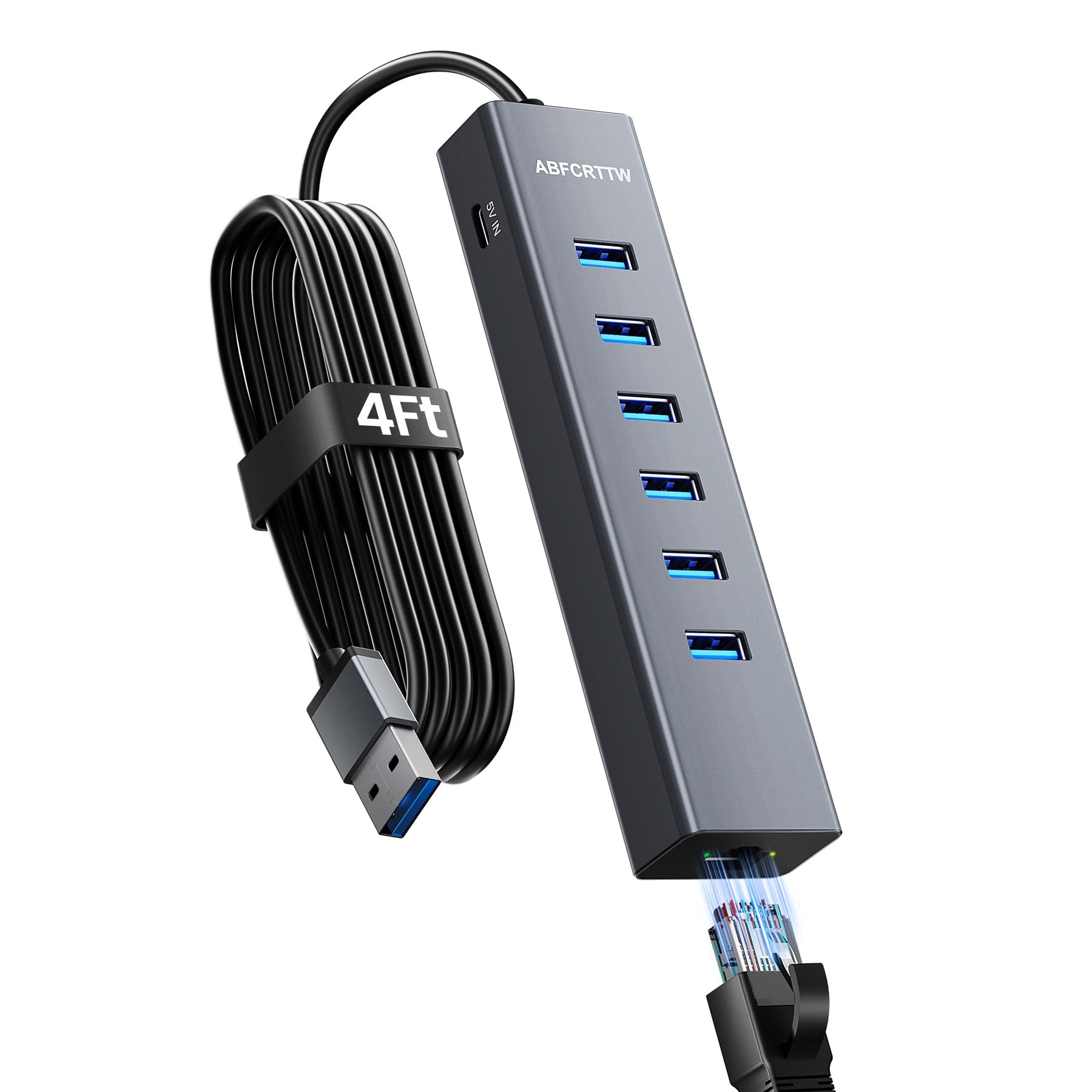 4FT USB to Ethernet Adapter with 1Gbps Ethernet & 6 USB 3.0 Port