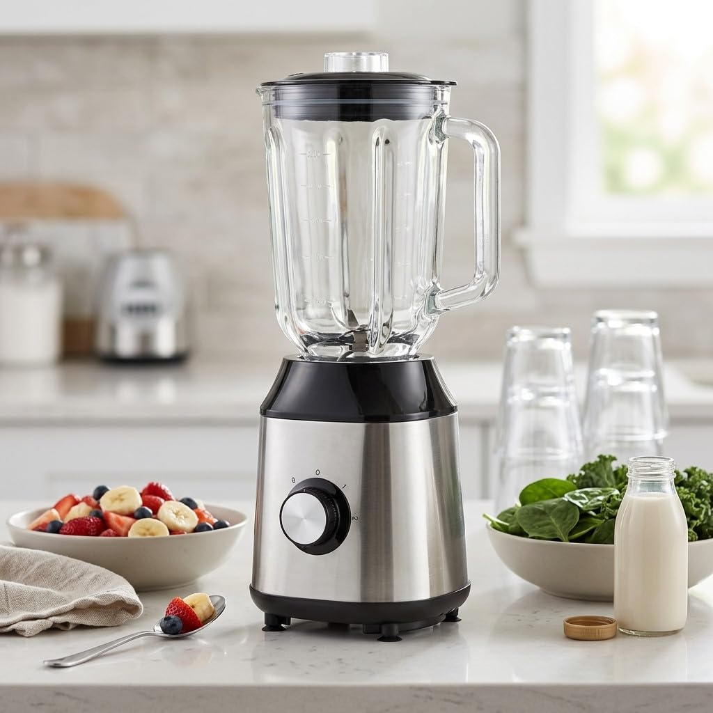 Suinga Frullatore a bicchiere in acciaio inox da 1,5 litri, 600 W e 2 velocità, dimensioni 17,8 x 17,8 x 40 cm