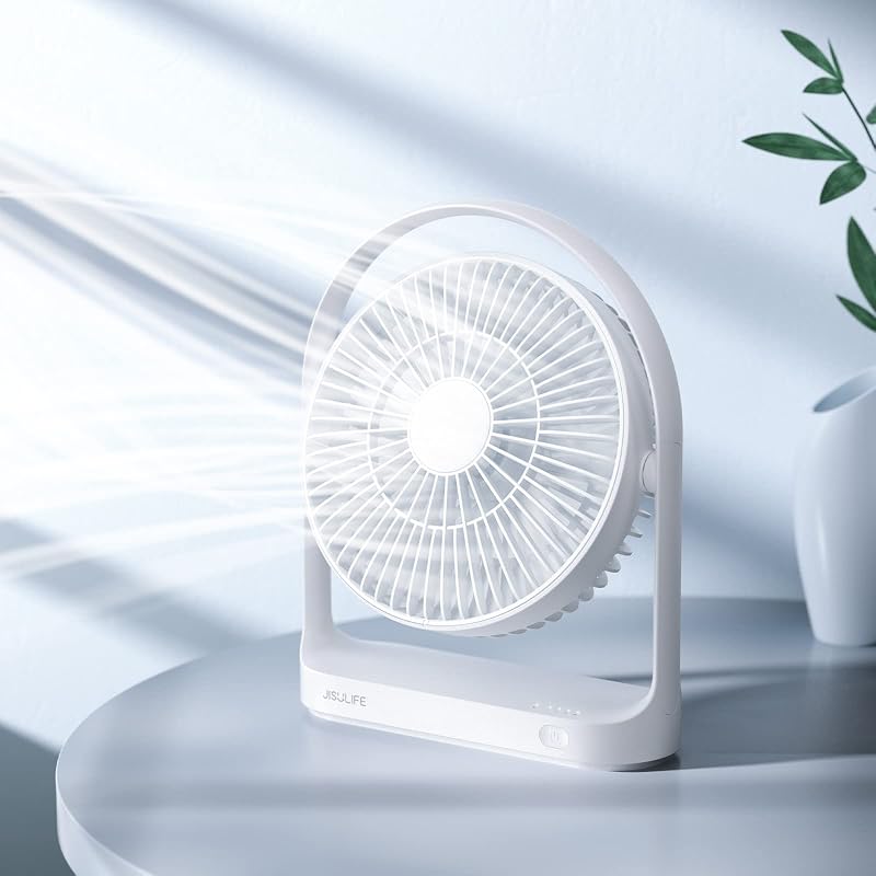 Ventilador de escritorio JISULIFE, pequeño escritorio portátil con pilas y ventilador de mesa eléctrico recargable USB de 4000 mAh con 4 velocidades, máximo 15 horas, flujo de aire fuerte, ultra silencioso para oficina/habitación/viajes-blanco | Máximo 15 horas, 4 velocidades, fuerte flujo de aire, pequeño escritorio portátil que funciona con baterías, ultra silencioso para oficina/habitación/viajes-blanco