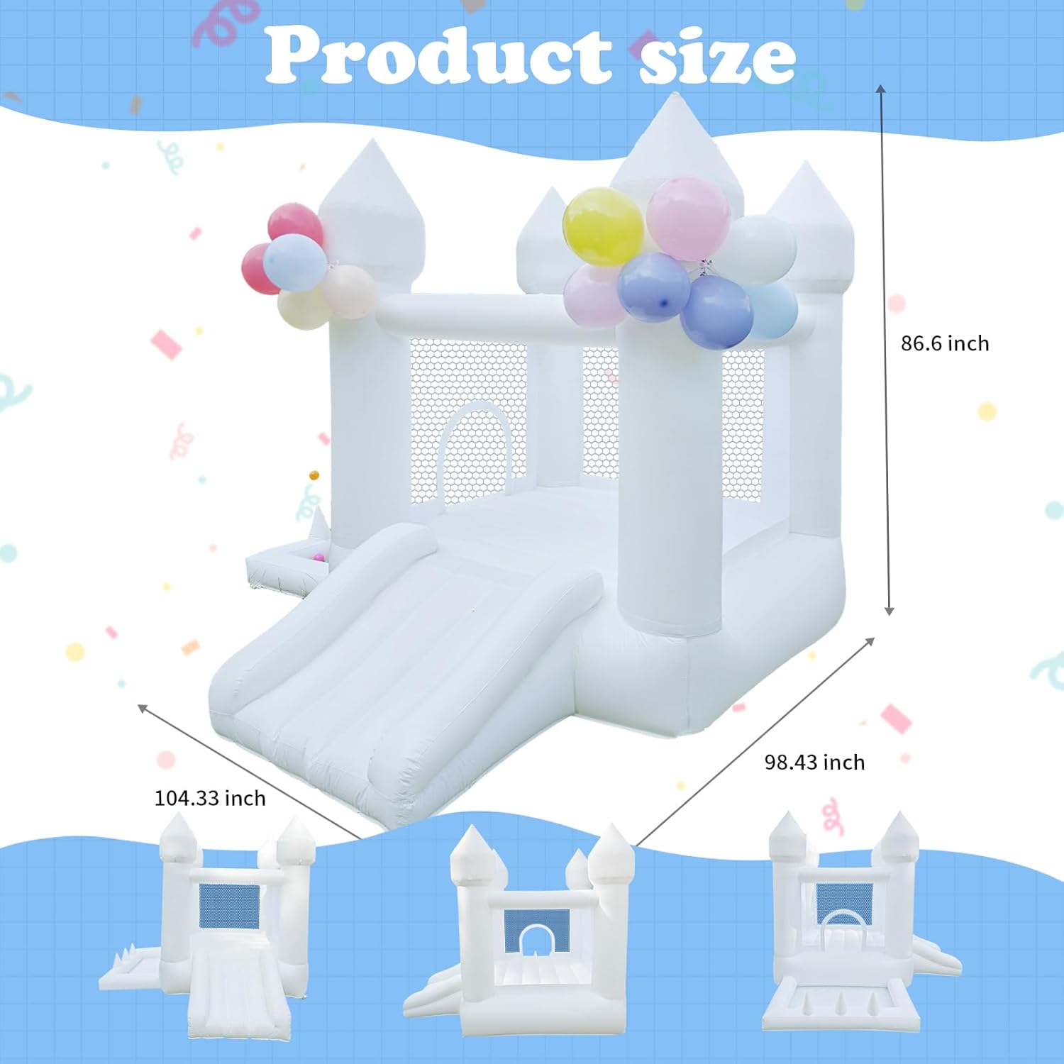 White Bounce House, Indoor and Outdoor Bouncy Castle, Inflatable Bounce House with Ball Pit & Slide, Bounce House for Kids Ages 3-6, Great for Birthday Parties, Outdoor Play, Backyard Gifts