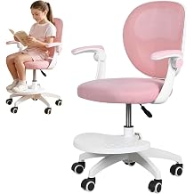 Ergonomic Kids Study Chair, Adjustable Height Children Desk Chair with Flip Armrests, Breathable Mesh Back, Saddle Cushion and Auto-Brake Wheels for Home School Pink