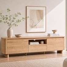 ACCOHOHO Modern TV Stand,70"Low-Profile Media TV Console with Drawer,Rounded Edges,Handle-Free Concealed Doors & Storage Cabinet,Wood Entertainment Center for Living Room for Tvs Up To 80",Natural Oak
