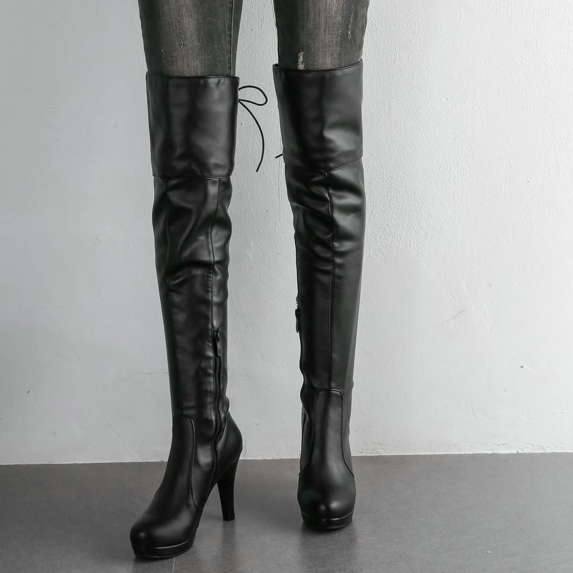 BEAUPAS Women's High Heel Platform Over The Knee Lace Up Boots Chunky Heel Block Thigh High Boots Round Toe Zipper Shoes