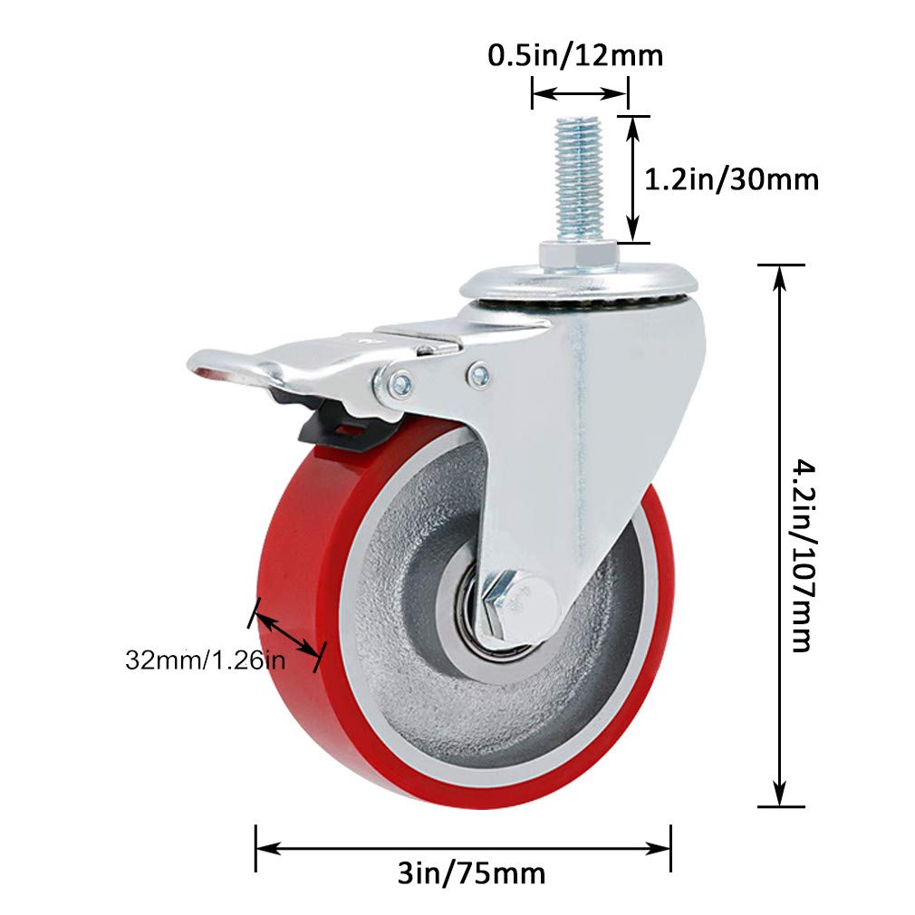 4 sztuki rolek meblowych z obrotowym trzonkiem, czerwone koło rolkowe z poliuretanu, montaż bolca M12 x 30 mm, wytrzymałe, wyciszone, maksymalna pojemność 600 kg, zamiennik do wózków, wózków, stołu