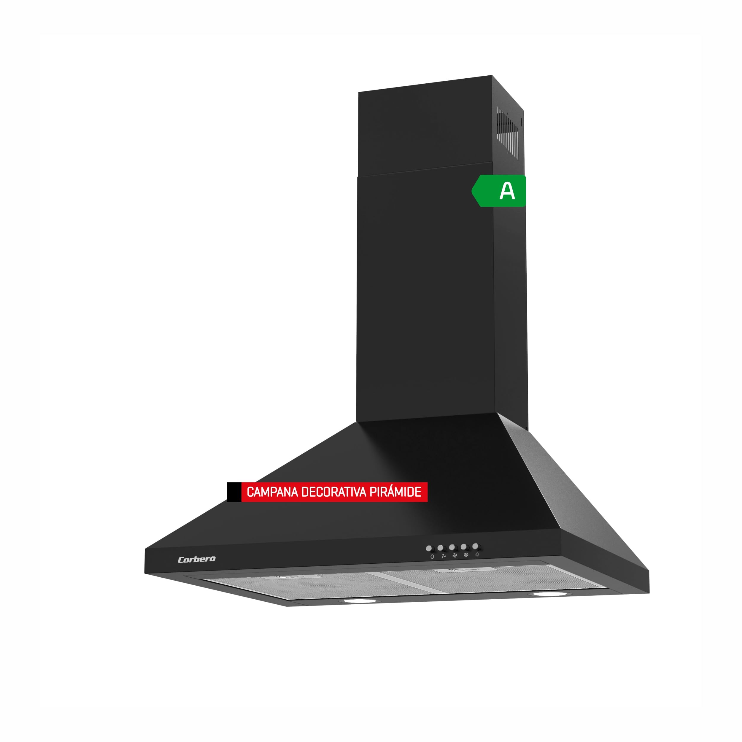 Corberó - Campana Decorativa Pirámide 60 cm | KURAMATHI660B | Caudal 621,71 m3/h | 165W | 3 Velocidades | 2 Filtros de Aluminio | Filtro de Carbón | Eficiencia Energética A, Negro