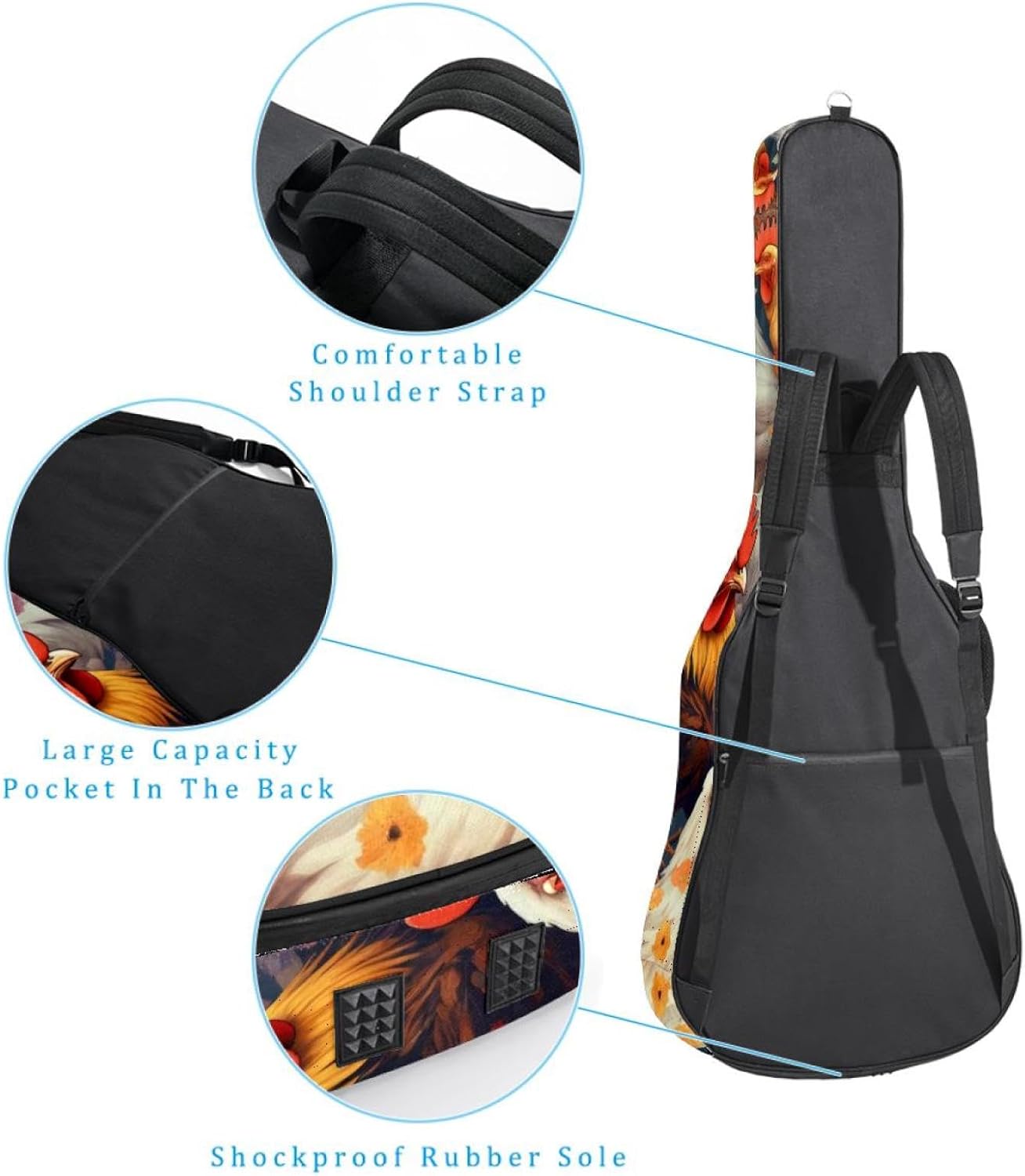 Acoustic Guitar Bag, 40 41 42 Inch Guitar Case Cover Soft Guitar Gig Bag for Acoustic Electric Bass Classical Guitar, Chickens and Roosters