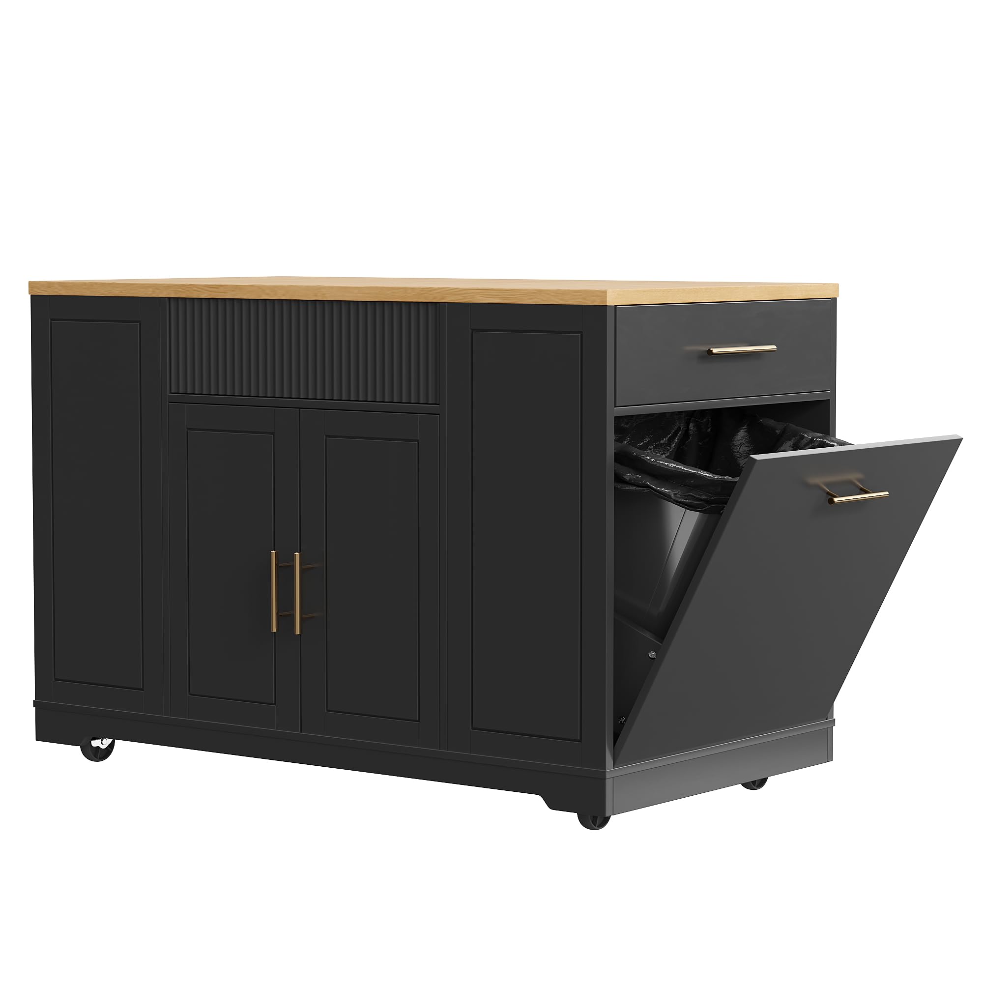 Isola da Cucina, Armadio da Cucina, 120 x 50 x 92 cm, Carrello di Servizio, con Scomparto per Pattumiera, Ripiani Regolabili, Due Ante e TRE Cassetti (Nero)