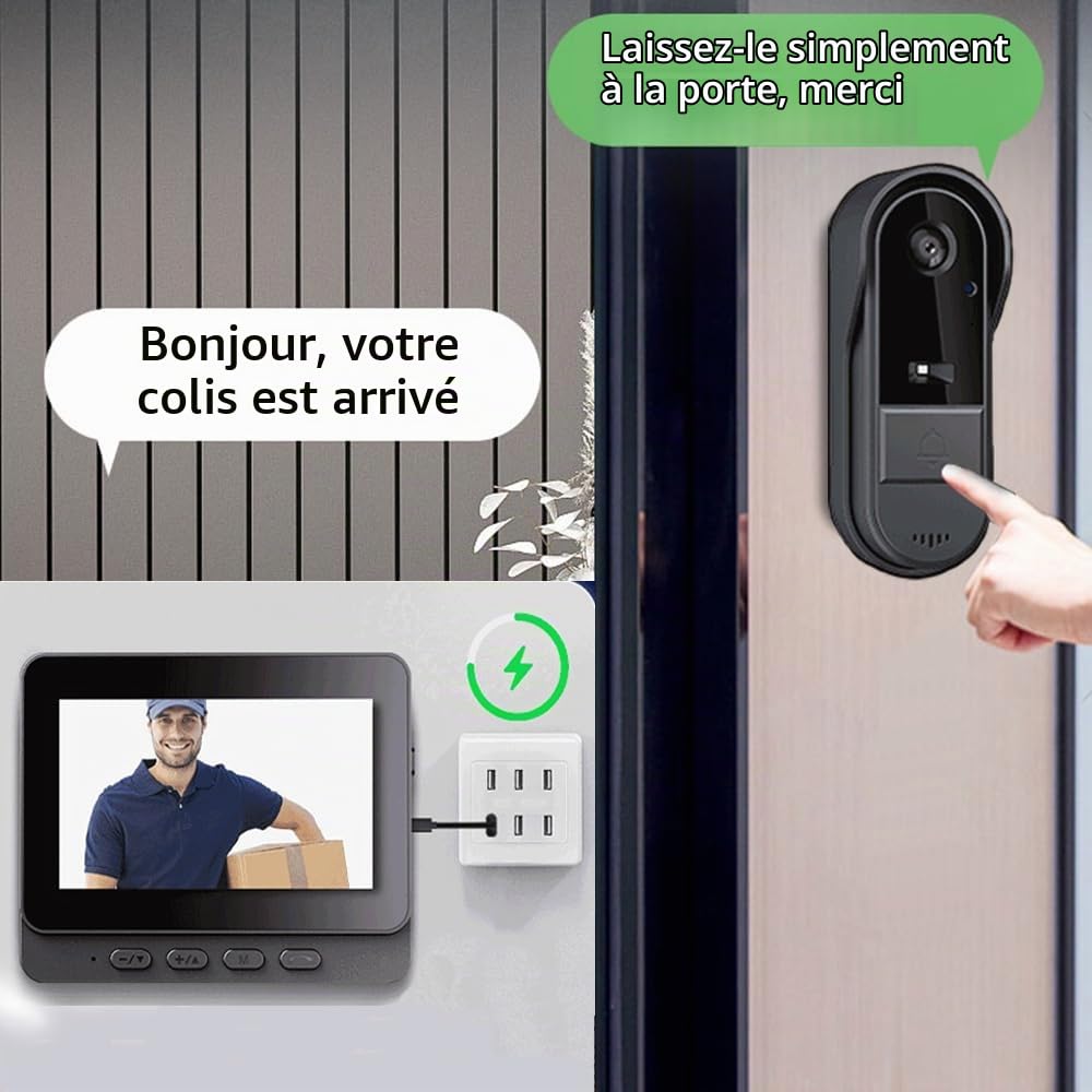 Sonnette sans Fil Exterieur Etanche avec écran IPS de 4.3 Sonnette sans Fil avec Camera 1080P Visiophone sans Fil IP65 étanche Caméra HD 170° Enregistrez Les Visiteurs en Appuyant la Sonnette 1000mAh