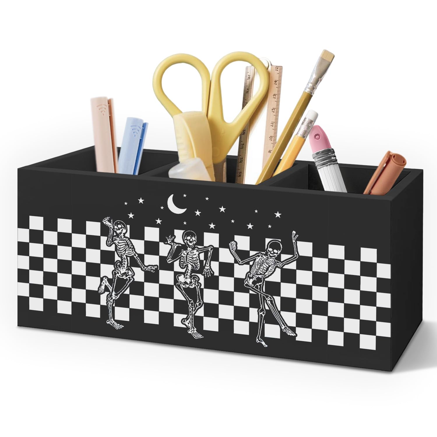 AQYIP Gothic Skeleton Wooden Pen Pencil Holder for Desk Accessories, Witchy Gothic Desk Decor, Funny Skeleton Dancing Checkered Wood Makeup Brush