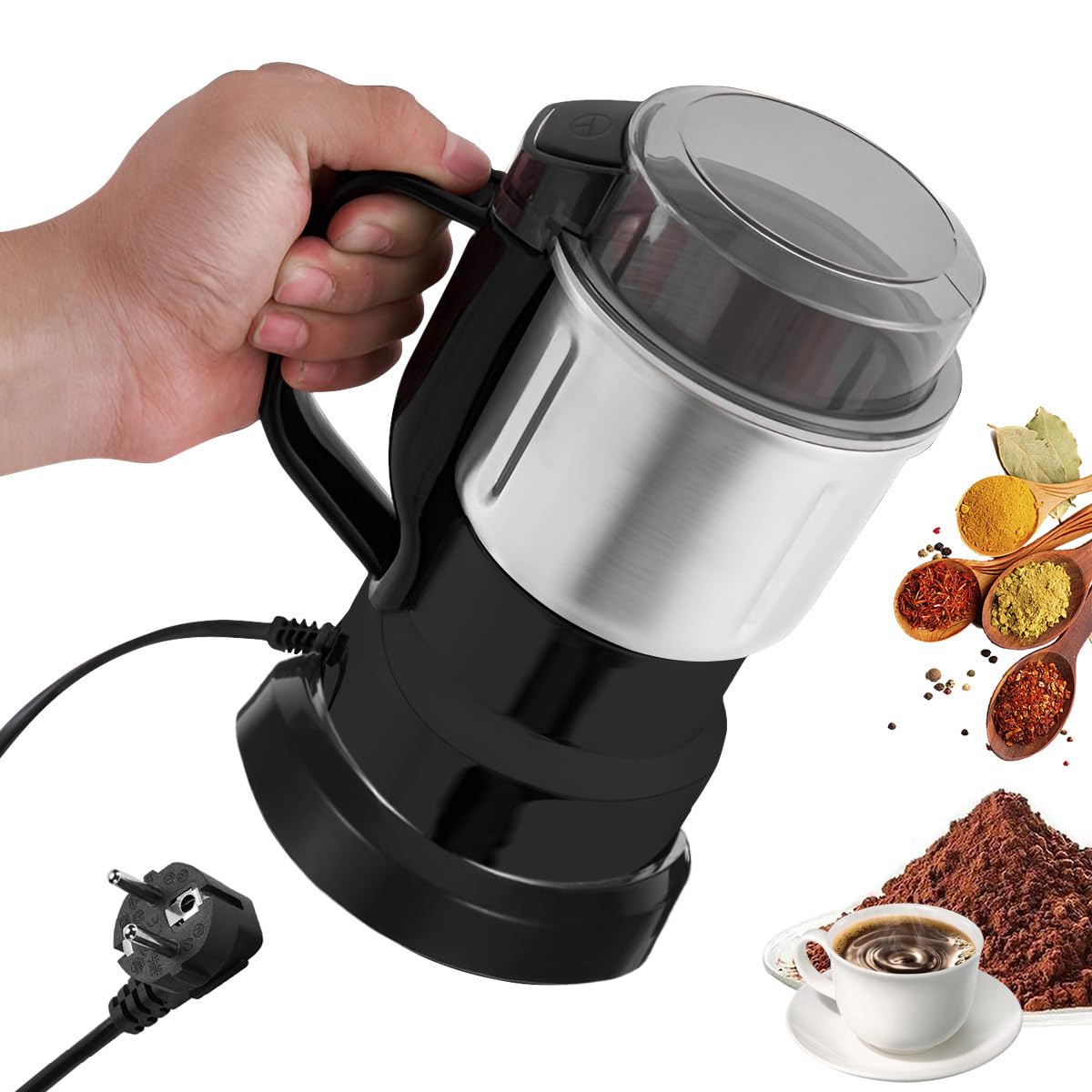 Macinacaffè Elettrico 200W - per Cereali in Acciaio Inox da 500ml per Noci Spezie Semi