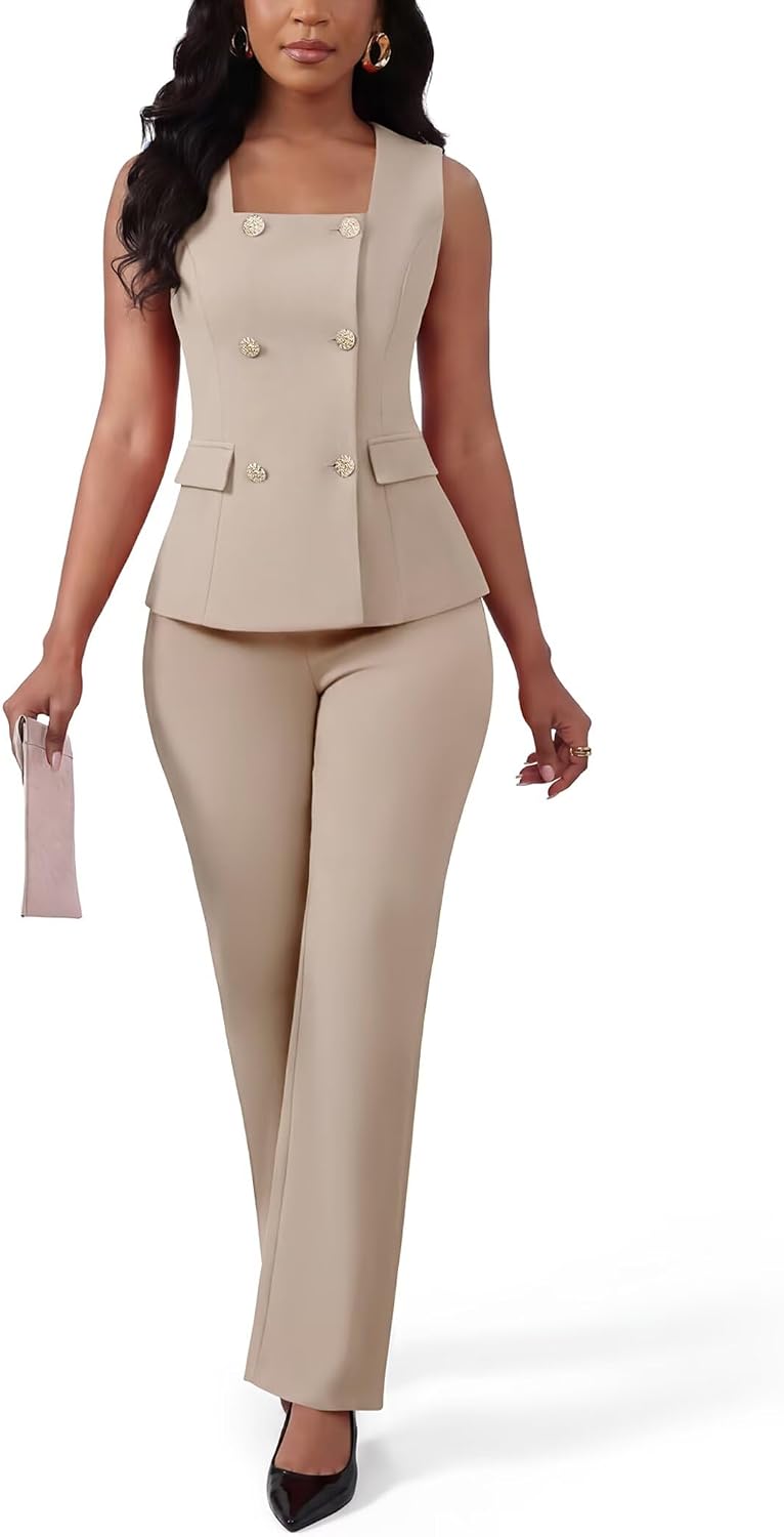 Ophestin Women's 2 Piece Blazer Outfits Square Neck Sleeveless Vest High Waist Pants Suit Set for Business Office Work Church