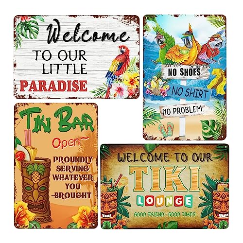 DELTAk/log recibi Outdoor Bar Signs Bundle: 4 Retro Welcome to Our Paradise Bar Signs for Home Man Cave Garage, Tiki Wall Decor - 12x8 Inch
