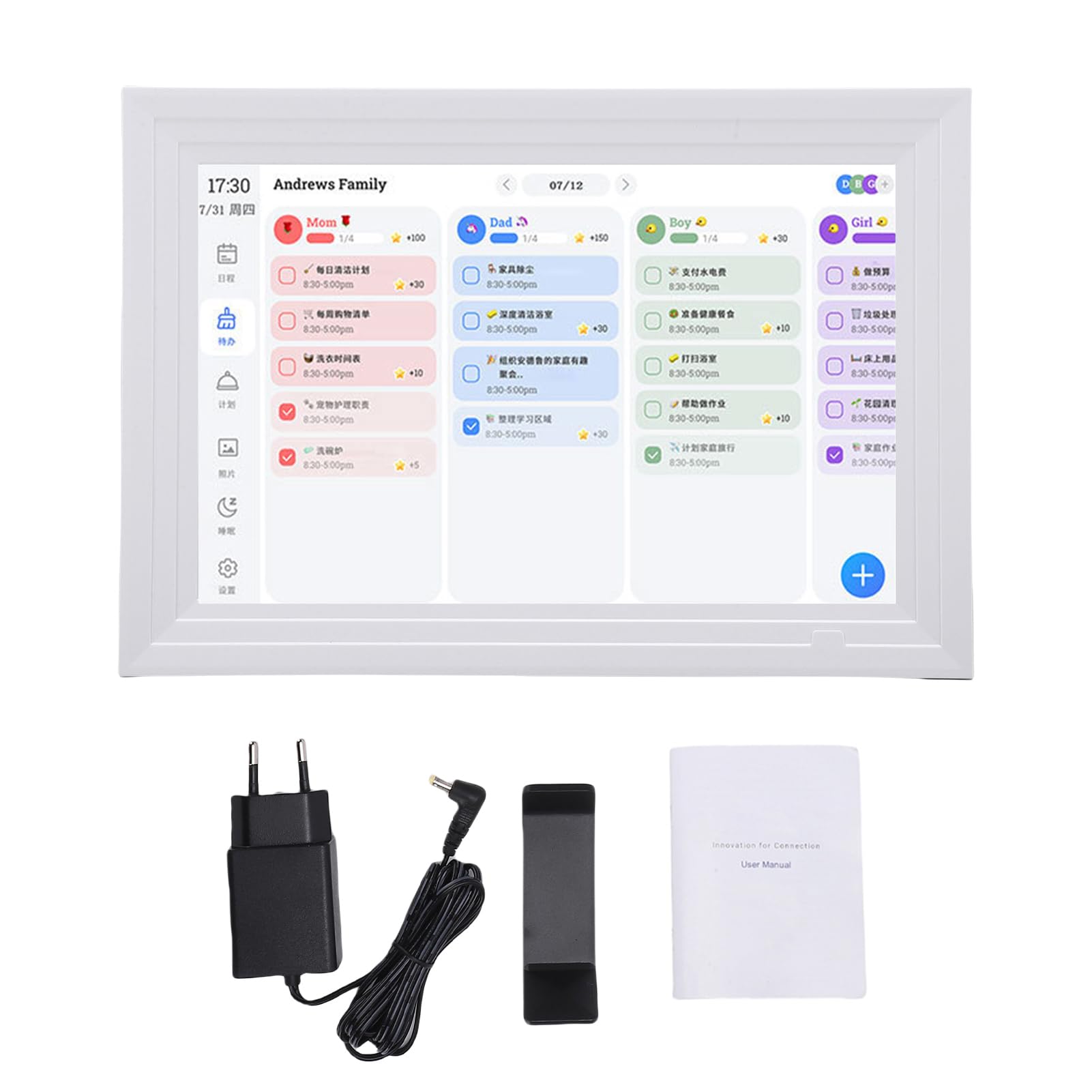 Asixxsix Inteligentny kalendarz cyfrowy, 10,1 calowy inteligentny wyświetlacz dotykowy z zarządzaniem aplikacjami, IPS Full View LCD Screen, inteligentny planer rodziny (WHITE)