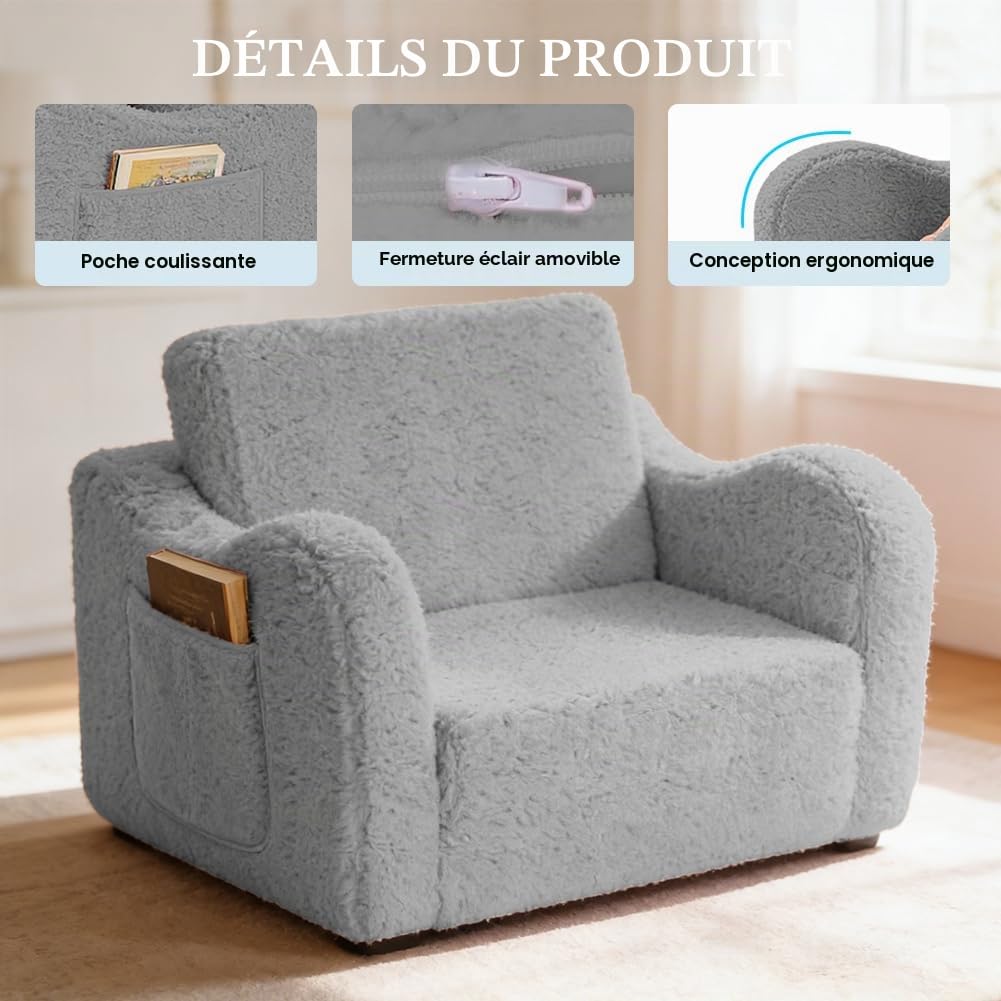 Canapé pour enfant pliable 2 en 1 pour enfants à partir de 1 an et canapé pour enfants avec housse amovible – Coin douillet pour chambre d'enfant, doux et sûr pour filles et garçons (gris)