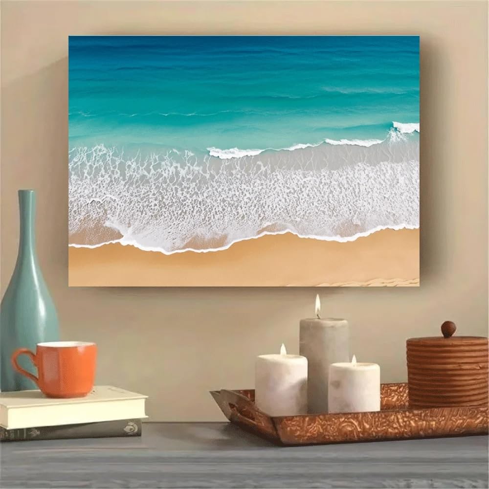 LTjiajuypd Canvas Prints Poster Ocean Beach Waves Turquoise Water Sandy Shore Coastal Landscape Wall Art(60x90cm)