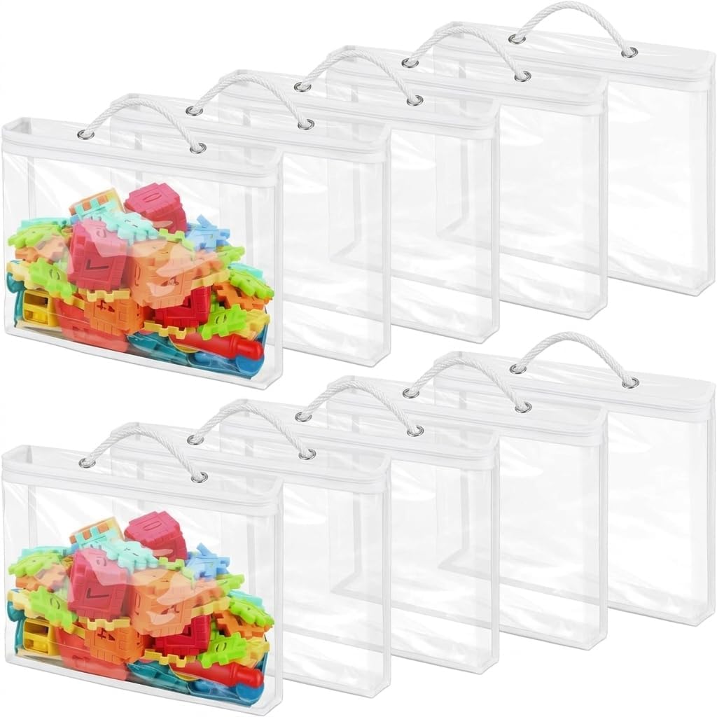 10 PCS Toy Storage Bags 40x30x10cm Clear PVC Toy Organizing Bags Waterproof & Reusable Toy Storage Organiser Zipper Toy Storaged Bag Clear Tote Bag with Handles for Building Blocks Puzzle