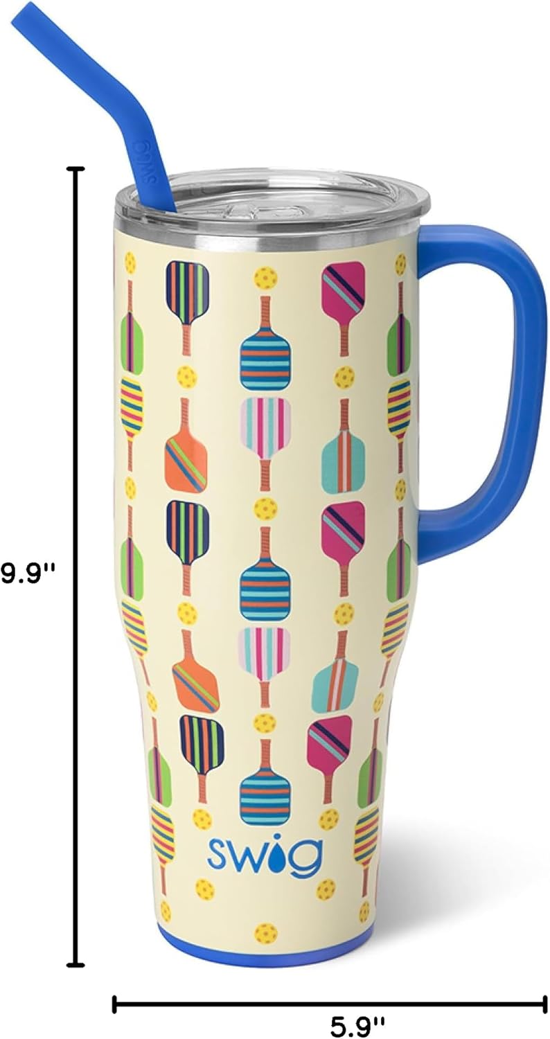 Swig Life 40oz Mega Mug, 40 oz Tumbler with Handle and Straw, Cup Holder Friendly, Dishwasher Safe, Extra Large Insulated Tumbler, Stainless Steel (Pickleball) - Image 8