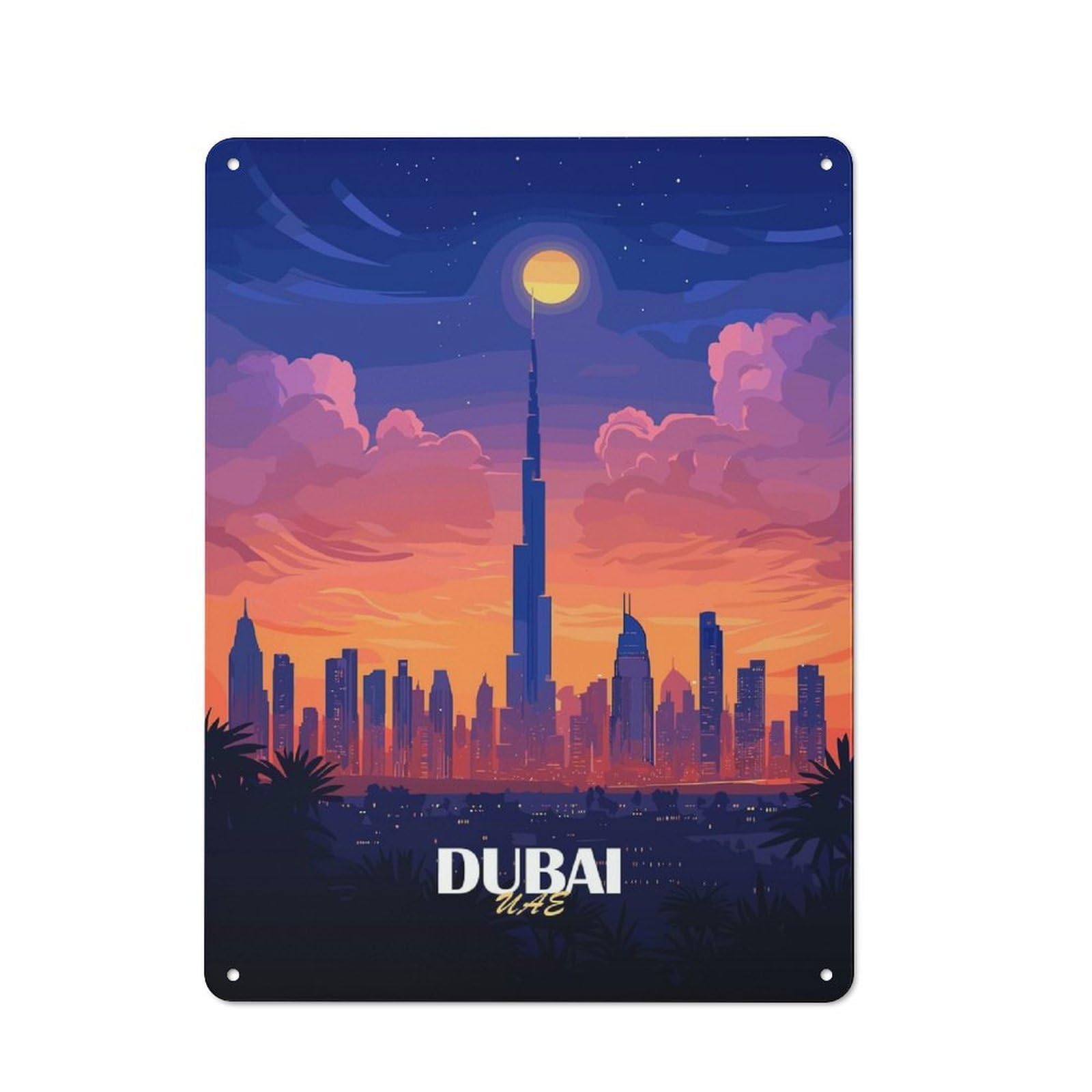 Junmoney Dubai Skyline At Sunset Vintage Tin Sign 40X30cm, Nostalgic Retro Room Decor For Bedroom, Office, Home Bar Or Dining Room