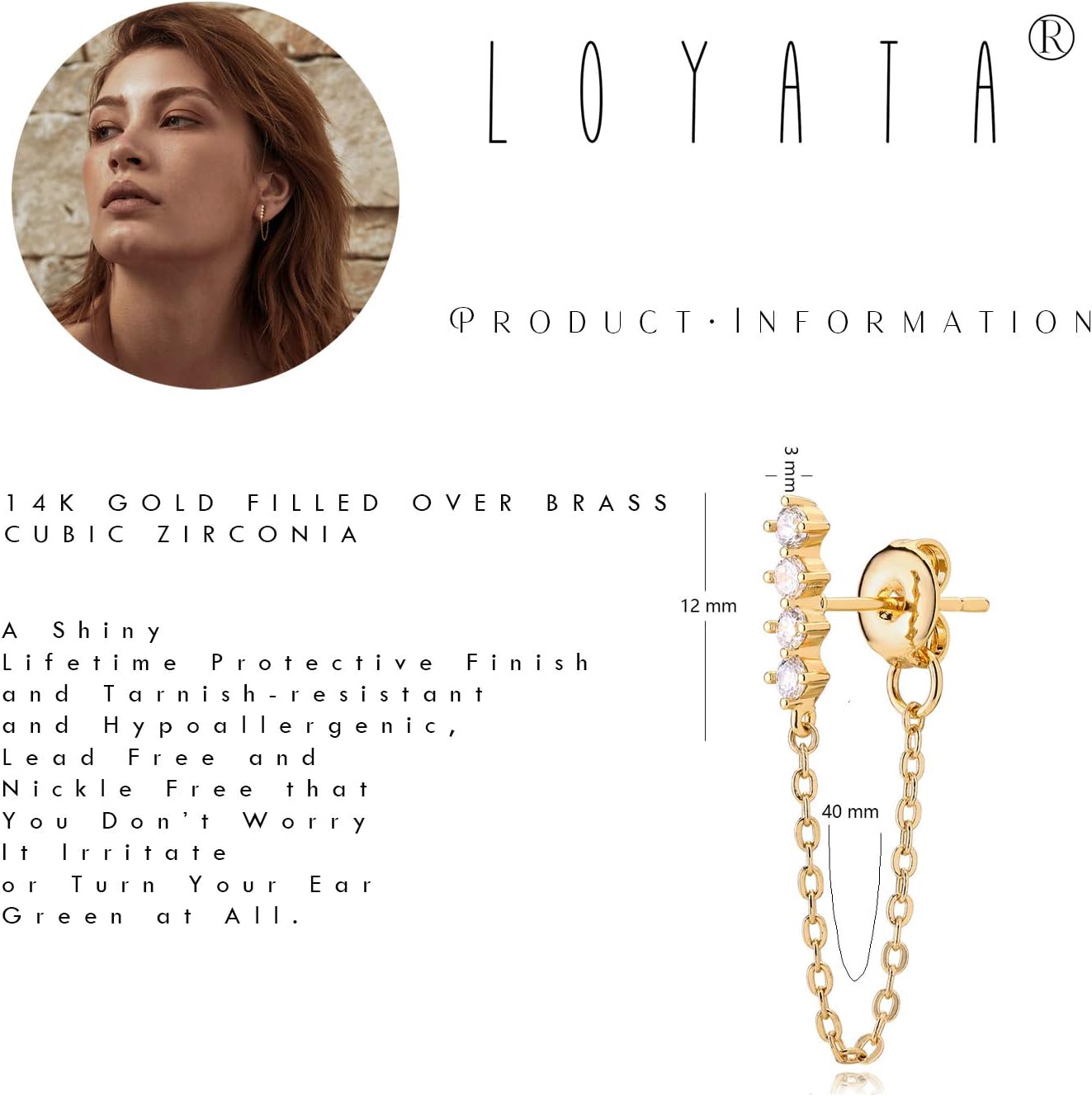 LOYATA Chain Studs Earrings Gold 14K Gold Plated Dainty Cubic Zirconia Dangle Earrings With Chain Small Hypoallergenic Jewelry Gift for Women - Image 5