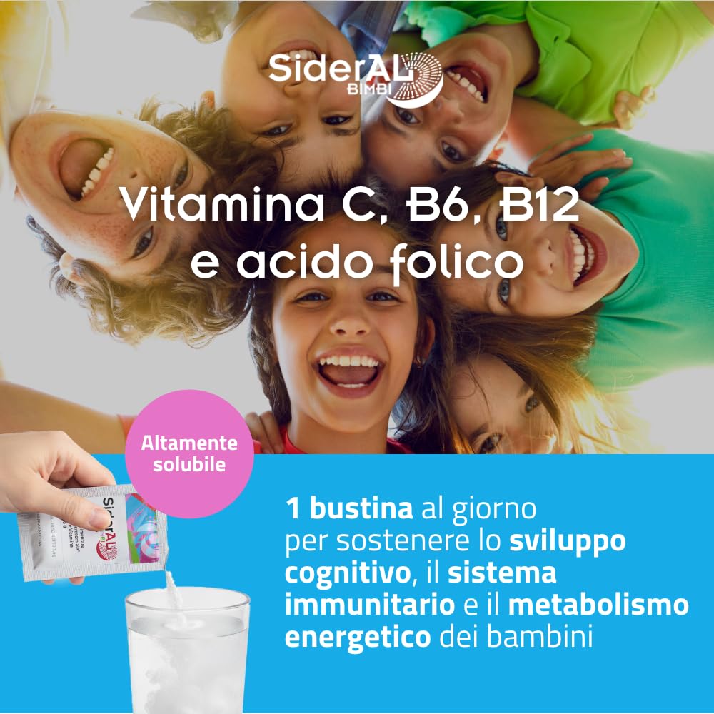 SiderAL Bimbi integratore alimentare a base di ferro Sucrosomiale® (9 mg), Vitamina C, B, B12 Sucrosomiale® e Acido Folico, No gusto metallico, No Glutine, Alta tollerabilità, 20 bustine, Pharmanutra