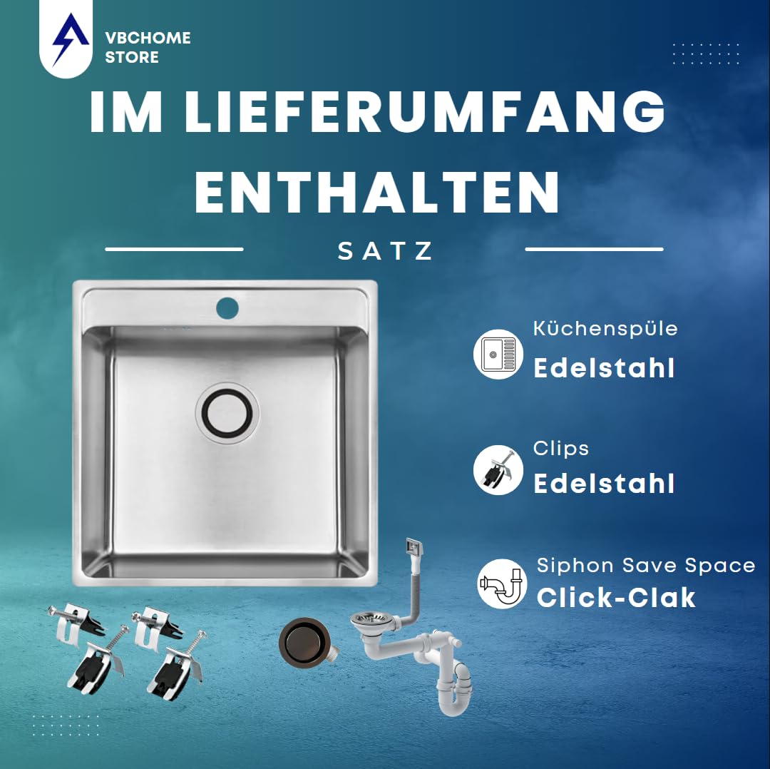 VBChome Edelstahl Einbauspüle 49x48x21 cm – Gebürsteter Inox-Stahl, Großes Becken mit Hahnloch, Küchenspüle inklusive Siphon, Robuste Edelstahlspüle