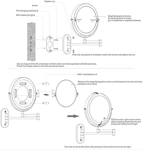 Miniatura 8 de Espejo de maquillaje, montaje en pared, con luz LED, espejo cosmético de aumento 10X, giratorio de 360, extensible de dos caras, alimentado por 4