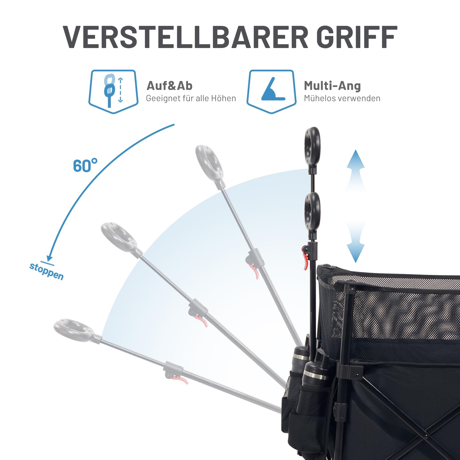TIMBER RIDGE XXXL Bollerwagen Faltbar 225L mit Bremse | Transportwagen Klappbar Große Kapazität Verstellbarer Griff Seitentasche Getränkehalter Gartenwagen Handwagen Alle Gelände