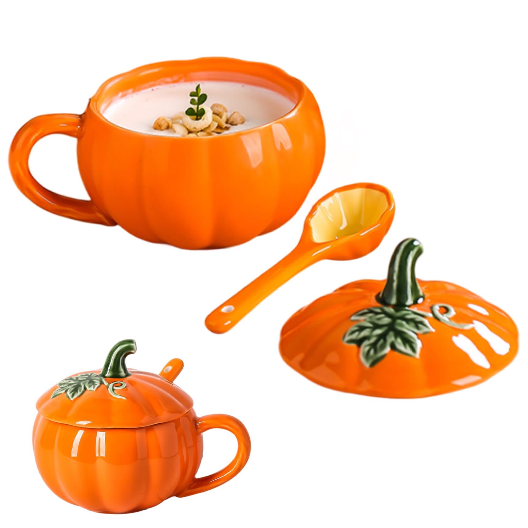 Wedhapy Halloween Mugs Pumpkin Mug with Lid and Ceramic Spoon, Heat Resistant Halloween Pumpkin Mug with Ergonomic Handle for Milk, Coffee, Breakfast