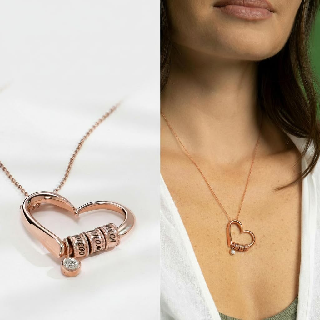 Theo Grace - Personalized Charming Heart Necklace with Engraved Beads - Dainty Gift for Mom, Grandma, Her, Women - Custom Jewelry for Christmas