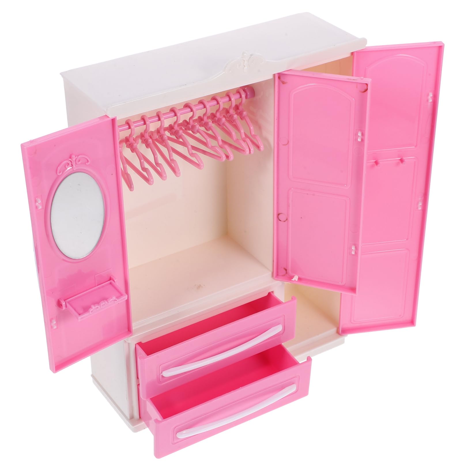 1 Set Miniature Doll Closet Wardrobe Clothing Organizer with 10 Pieces Plastic Doll Hangers ,Dollhouse Open Wardrobe Storage Dollhouse Furniture Accessories Pink