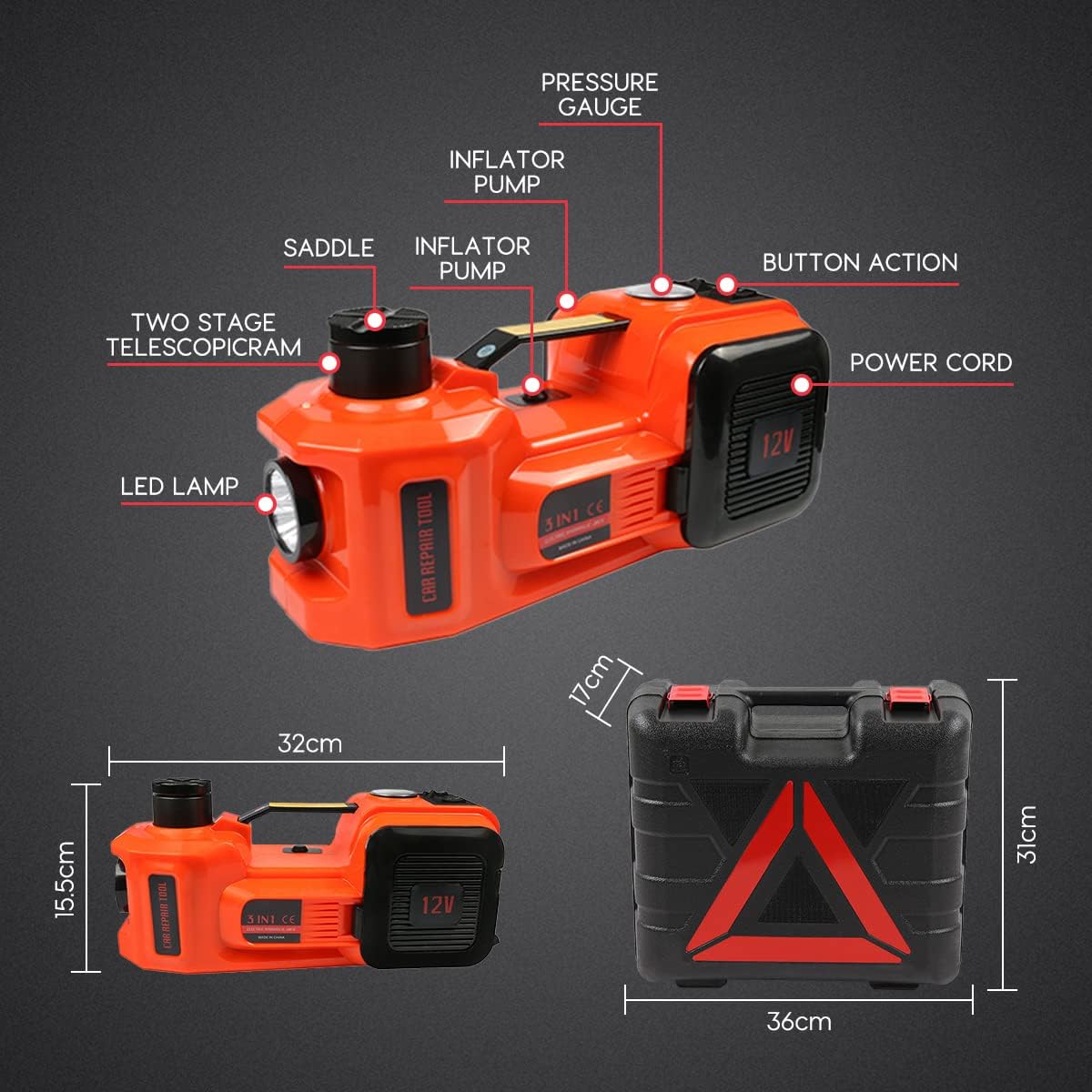 Zestaw elektrycznych podnośników samochodowych – podnośnik hydrauliczny, klucz udarowy i pompka do wymiany opon i naprawy garażu