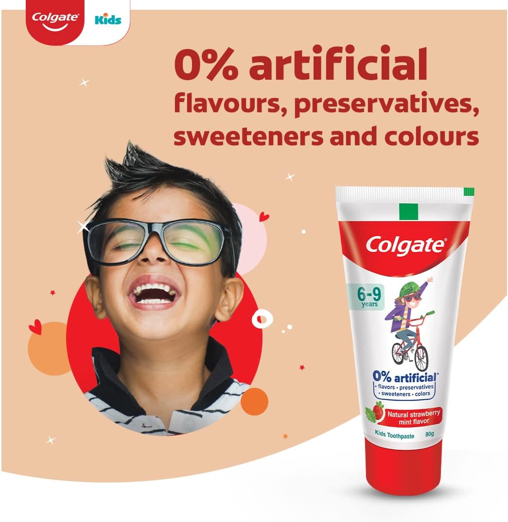 Colgate Kids Cavity Protection Toothpaste 6-9 Years, 160g (80g x 2), Natural Strawberry Mint Flavour, 0% Artificial(5.6 Ounce)