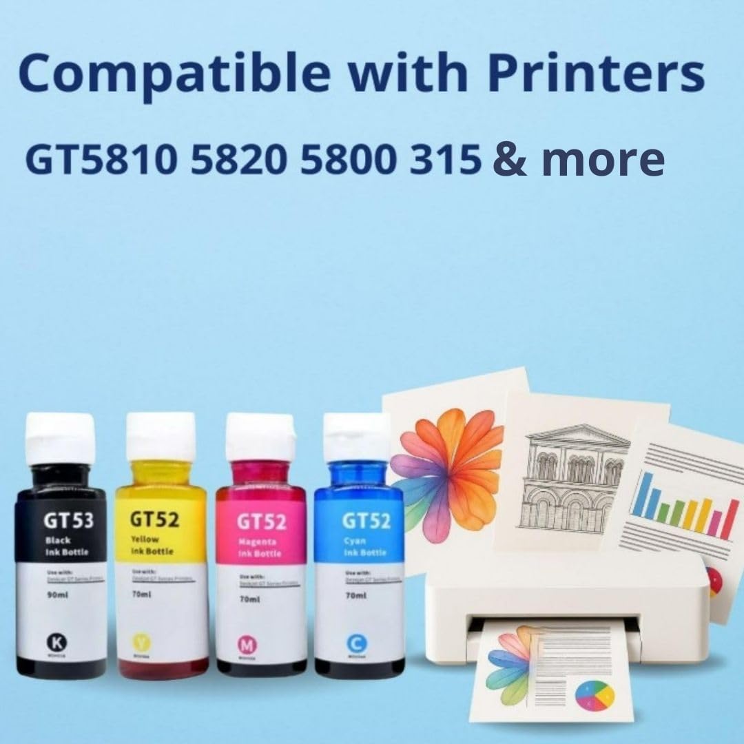 4-Pack Compatible Ink Bottles for HP GT52 & GT53 – High-Yield Refill Ink for HP Smart Tank 500 Series, DeskJet GT 5810 & 5820 – Cyan, Magenta, Yellow, Black