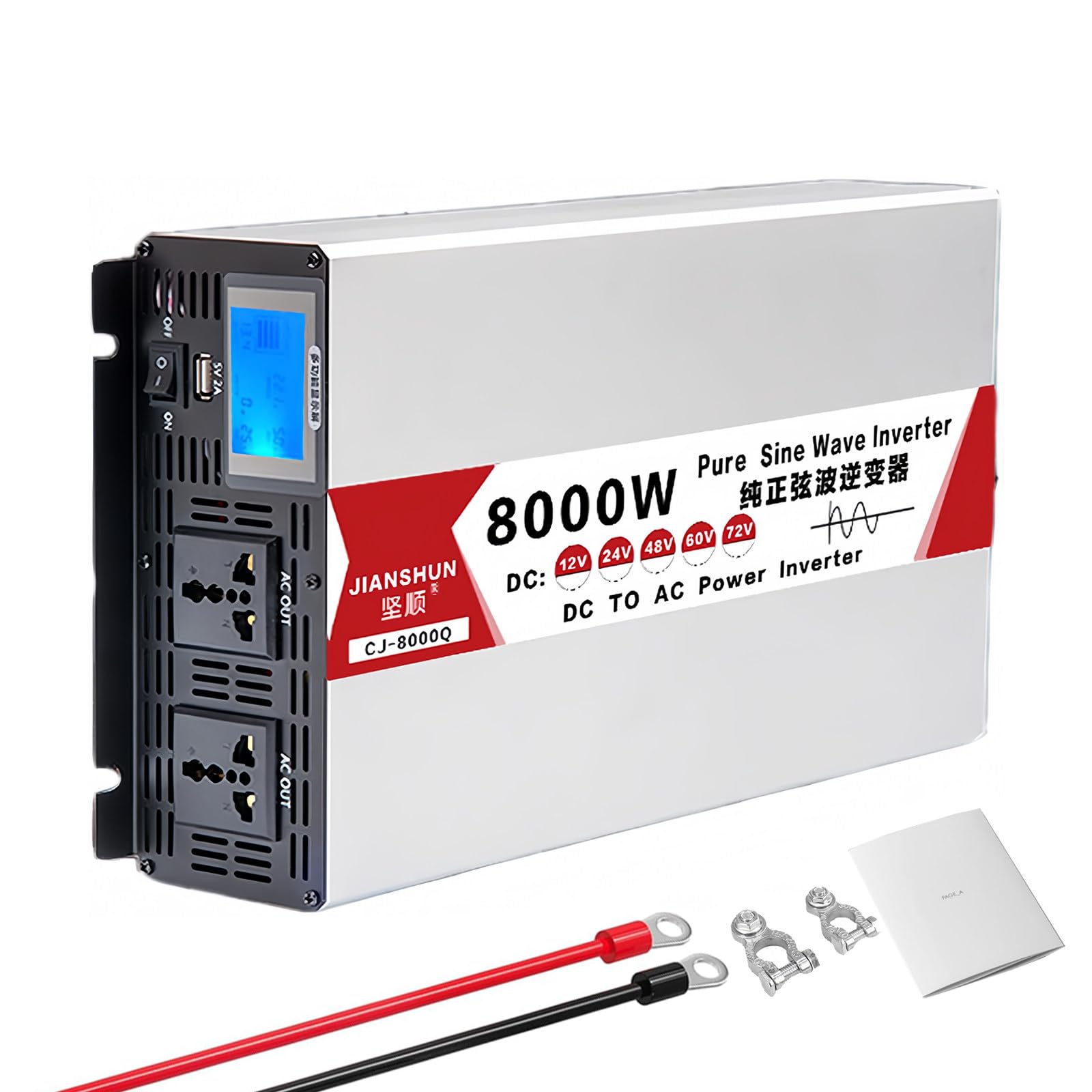 Inversor de Potencia de Onda Sinusoidal Pura, Inversor de Potencia de 5000W 6000W 8000W, Convertidor de Voltaje de 12V/24V/48V/60V a 110V/220V, para RV, Camping, Solar,8000W-12V
