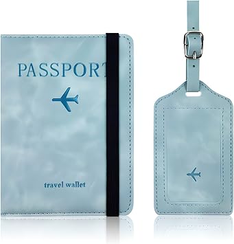 Passport Holder with Luggage Tag Set. Passport Cover and Initial Luggage Tag Set for Travel And Suitcase Tags, Leather Passport Holder Cover Wallet Travel Blue