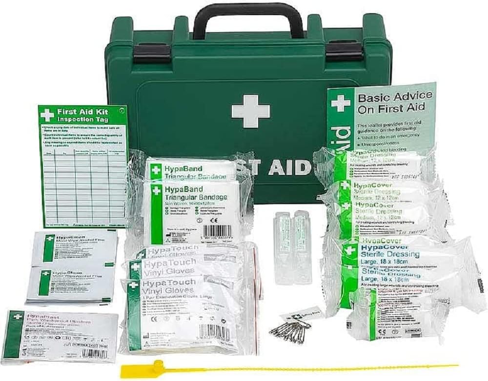 Safety First Aid Group Workplace First Aid Kit (Small 1-10 Persons) Economy HSE-Compliant with Inspection Tags, Wall Bracket, Extra Plasters
