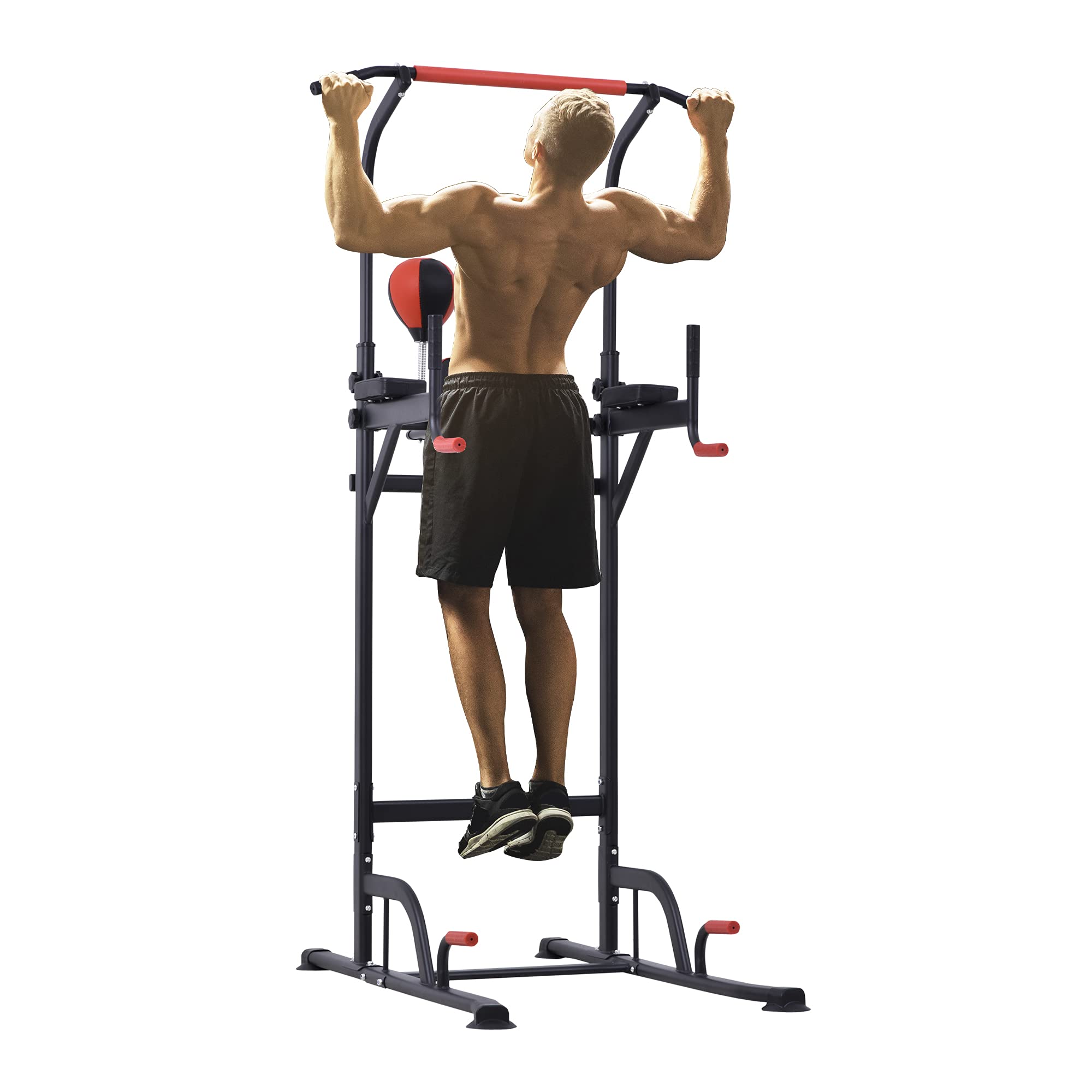 HOMCOM Station de Traction Musculation Multifonctions Punching Ball Chaise Romaine Hauteur réglable Acier Noir Rouge