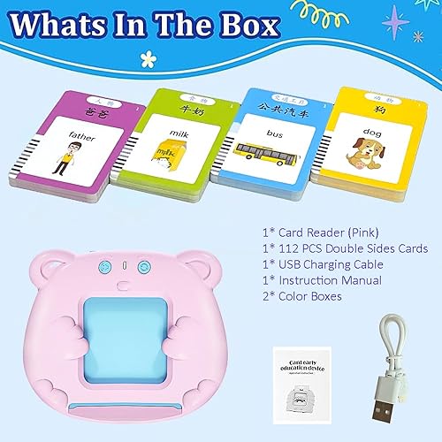 Miniatura 6 de RT&BS Tarjetas didácticas hablantes en chino inglés, juguetes bilingües, tarjetas flash de mandarín para niños, 224 palabras de vista rosa