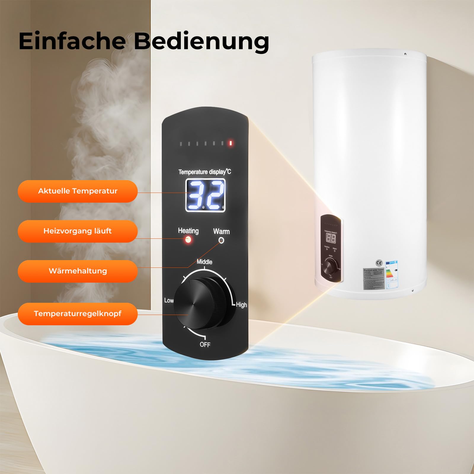 Chauffe-eau électrique 80 l, 2 kW 220 V IPX4 vertical LED chauffe-eau de stockage chauffe-eau eau eau froide et chaude chauffe-eau électrique ABS mural pour cuisines, toilettes