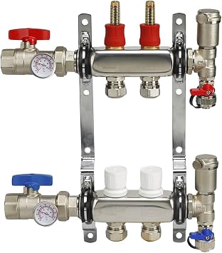 Midline Valve NQT102 PEX Manifold 1/2 in. for Radiant Heating System; with Valves, Vents, Gauges, and Mounting Brackets; Stainless Steel; 2 Port