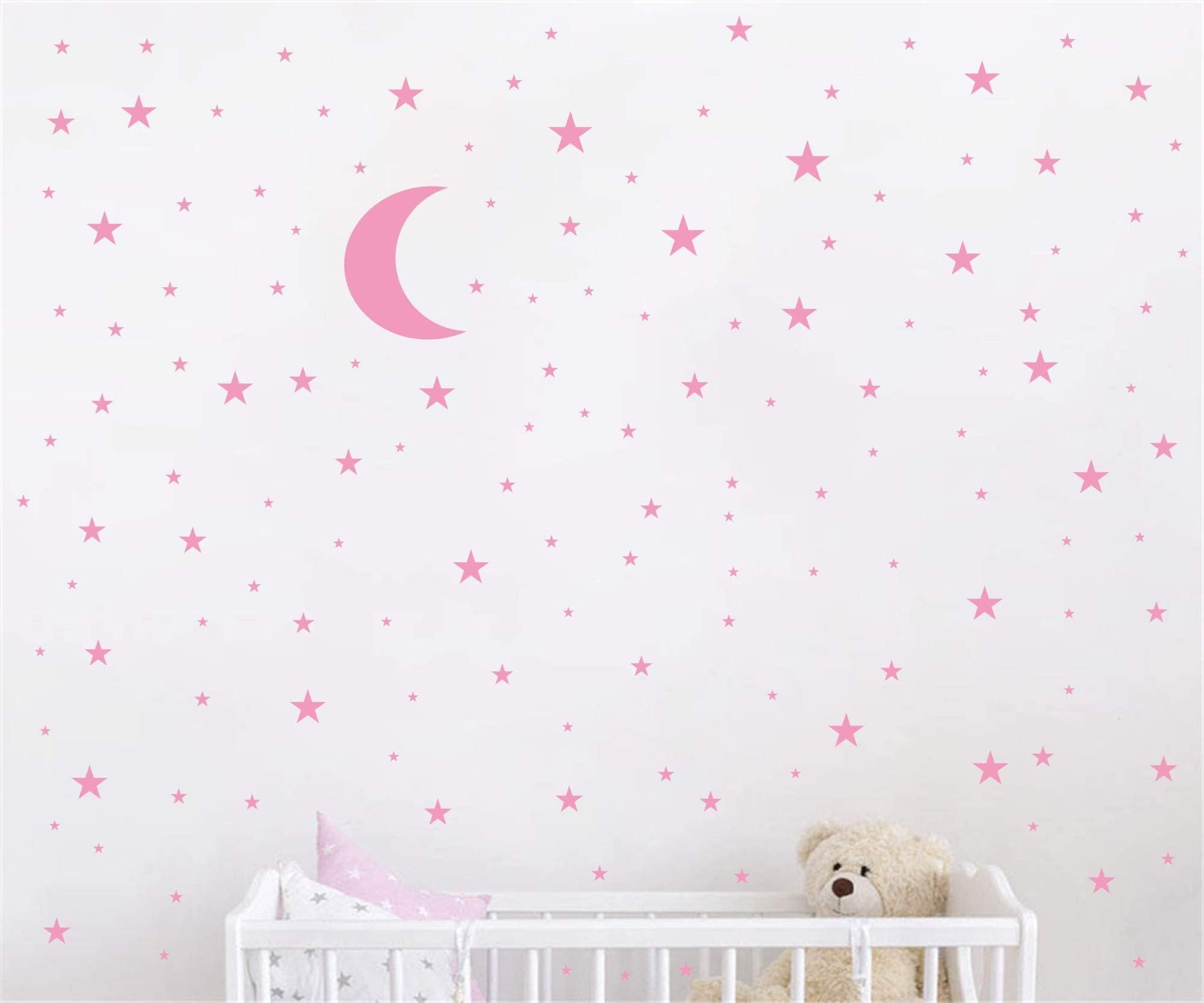 Moon and Stars Wall Decal Vinyl Sticker for Kids Boy Girls Baby Room Decoration Good Night Nursery Wall Decor Home House Bedroom Design YMX16 (Soft Pink)