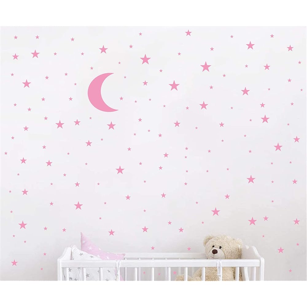 Moon and Stars Wall Decal Vinyl Sticker for Kids Boy Girls Baby Room Decoration Good Night Nursery Wall Decor Home House Bedroom Design YMX16 (Soft Pink)